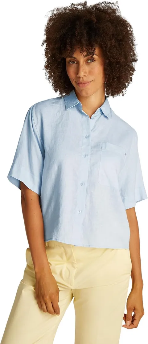 Tommy Hilfiger Donna Camicia Linen Relaxed Maniche Corte, Blu (Breezy Blue), 50