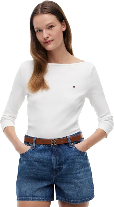 Tommy Hilfiger Donna Maglietta Maniche Lunghe New Cody Slim Scollo a Barca, Bianco (NOS
