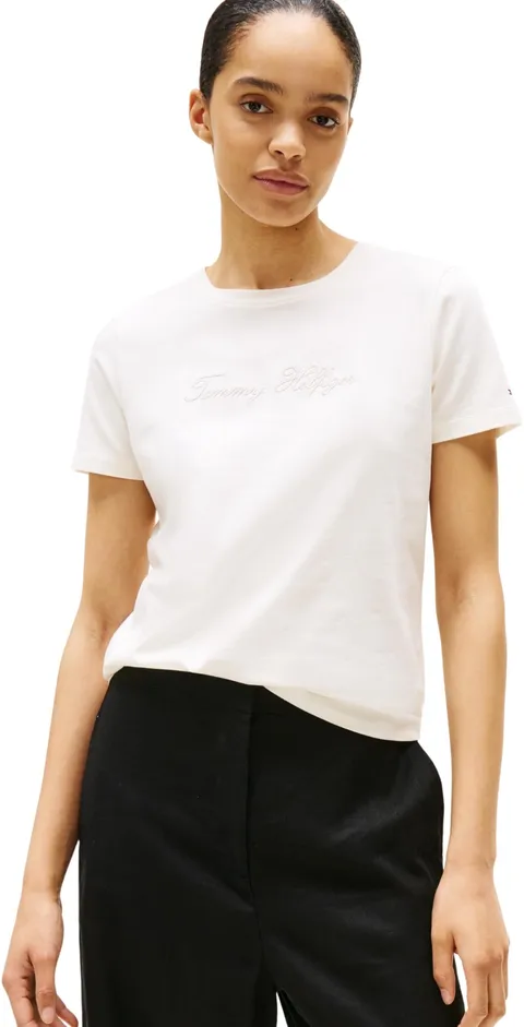 Tommy Hilfiger Donna T-Shirt Maniche Corte Lurex Script con Scollo Rotondo, Bianco (Ivory Silk), M