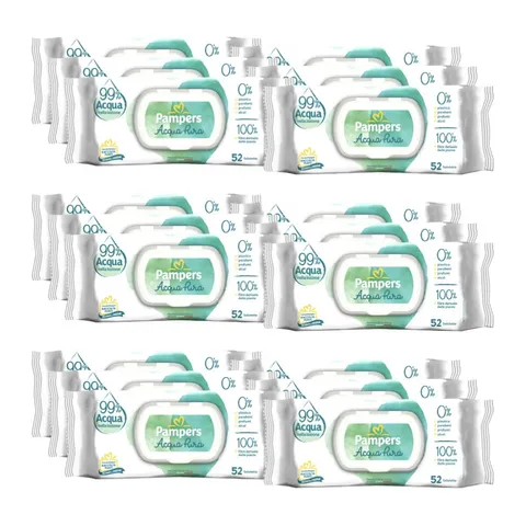 Pampers Acqua Pura Salviette Umidificate per Neonati e Bimbi, 624 Unità (12 Confezioni), 99% Acqua e Cotone, 100% Fibre Vegetali, Pelli Delicate, Senza Profumi Aggiunti, 0% Plastica, Alcol e Parabeni