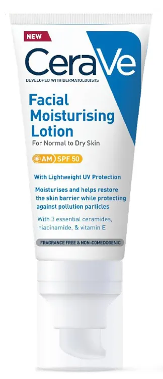 CeraVe Crema Idratante Viso SPF 50, Per Pelli da Normali a Secche, Idratazione Profonda