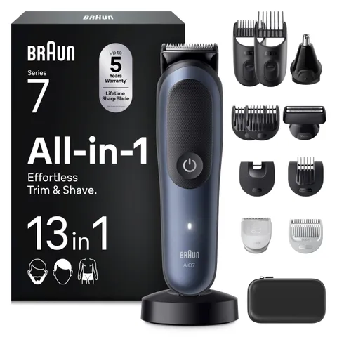 Braun Rifinitore All-in-One Series 7, Rasoio Elettrico Barba e Capelli 13in1, Lama