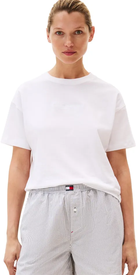 Tommy Hilfiger Donna T-Shirt Maniche Corte Logo con Scollo Rotondo, Bianco (White), XL