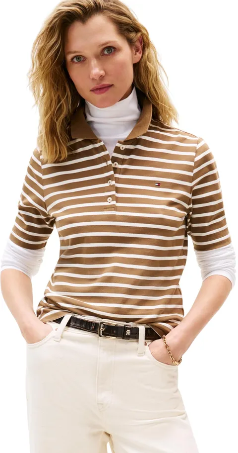 Tommy Hilfiger Donna Maglietta Polo Maniche Corte 1985 Pique Regular Fit, Marrone (Hunter Brown/Ecru STP), M