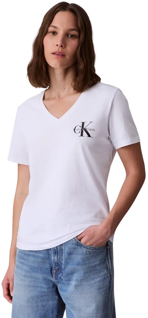 Calvin Klein Donna T-Shirt Maniche Corte Confezione da 2 Logo Tee con Scollo a V, Bianco