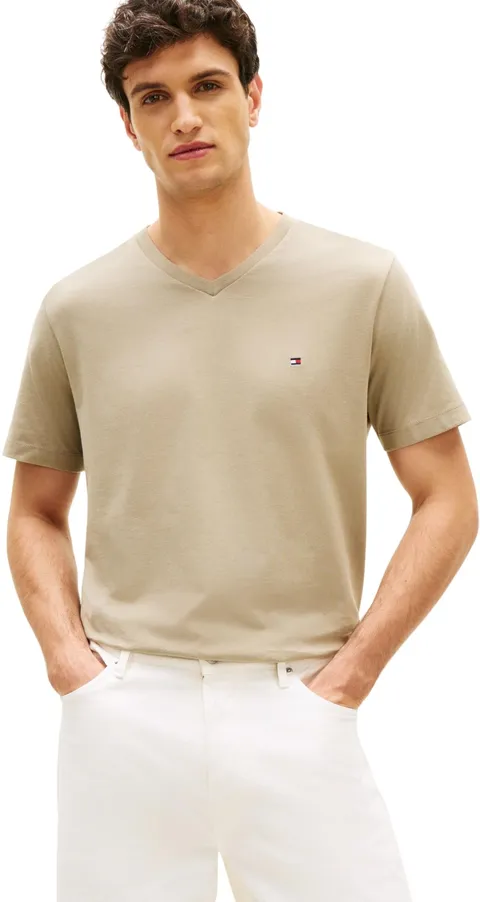 Tommy Hilfiger Uomo T-Shirt Maniche Corte Essential Tee con Scollo a V, Beige (Keystone), XS