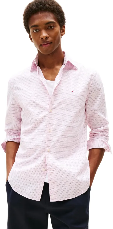 Tommy Hilfiger Uomo Camicia Flex Poplin Mini Print Regular Fit, Rosa (Pink Lily), L