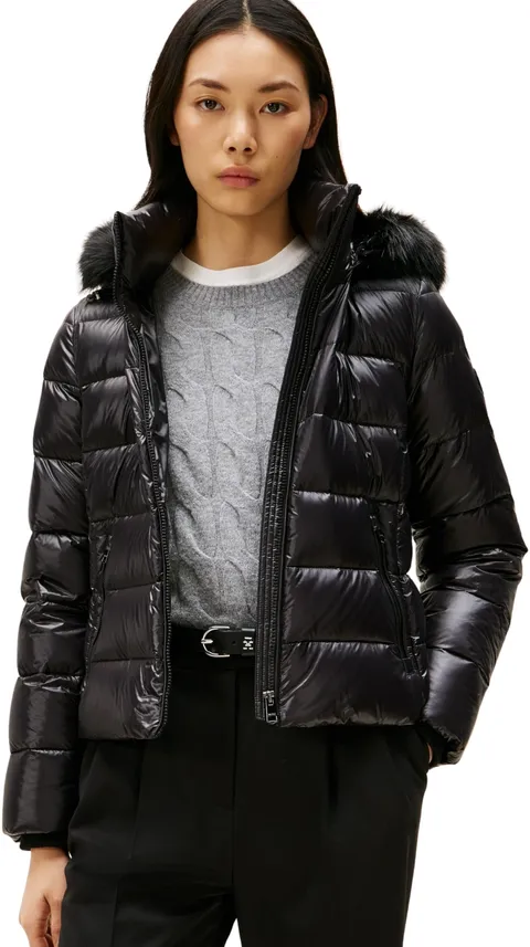 Tommy Hilfiger Donna Piumino Gloss Down Slim con Inserto in Pelliccia, Nero (Black), XXL