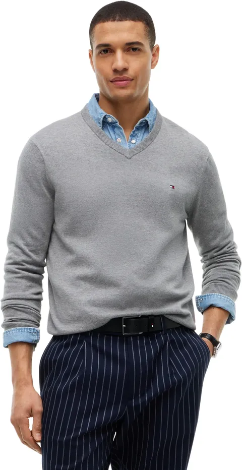 Tommy Hilfiger Uomo Pullover Essential Cotton Scollo a V, Grigio (Medium Grey Heather), XS