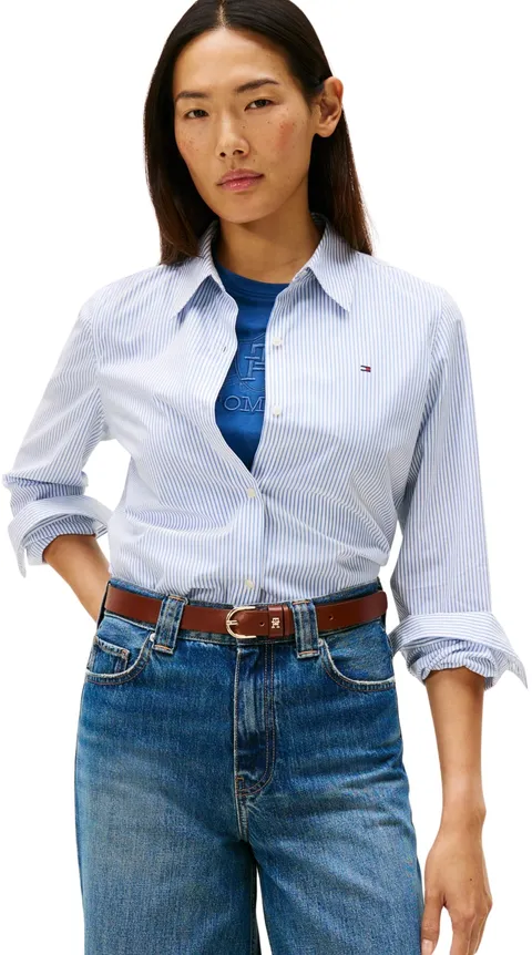 Tommy Hilfiger Donna Camicia Poplin Regular con Colletto a Punta, Blu (Hugh STP/Blue), 42