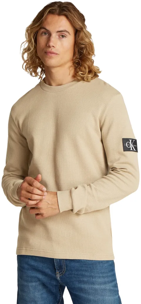 Calvin Klein Uomo Maglietta Maniche Lunghe Badge Waffle in Cotone, Beige (Tree House), XXS