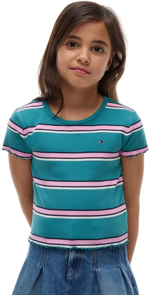 Tommy Hilfiger Essential Rib Top SS Kg0Kg08590 Altre Maglie, Blu (Platinum Teal Stripes)