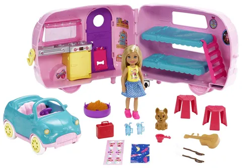 Barbie il Camper di Chelsea, PlaySet con Bambola, Veicolo, Roulotte e Tanti Accessori