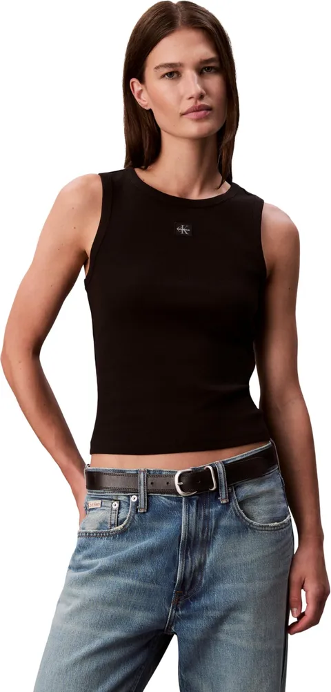 Calvin Klein Donna Canotta Woven Label Rib con Logo, Nero (Black), XXL
