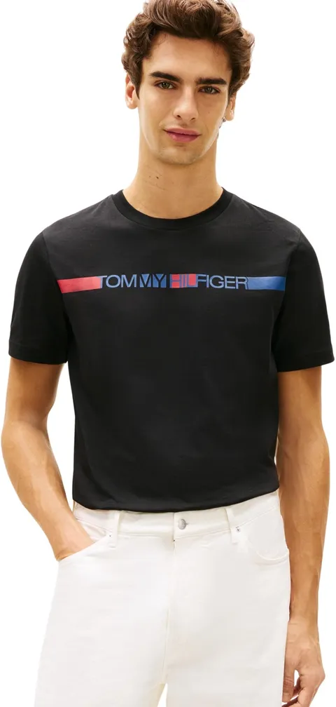 Tommy Hilfiger Uomo T-Shirt Maniche Corte Brand Love Stripe in Cotone, Nero (Black), XXL