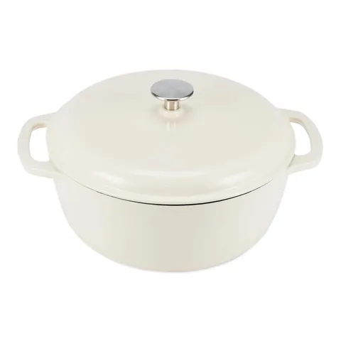 Amazon Basics Casseruola Rotonda in Ghisa Smaltata con Coperchio, 6,9 L, Bianco