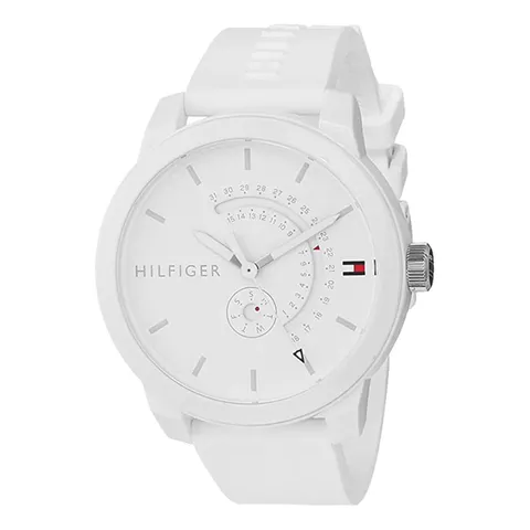 Tommy Hilfiger Orologio Analogico al Quarzo da Uomo - Quadrante Bianco, Cinturino in Silicone Bianco, Funzioni Giorno & Data, Cassa da 44 mm, Resistente all'acqua 3ATM - 1791481