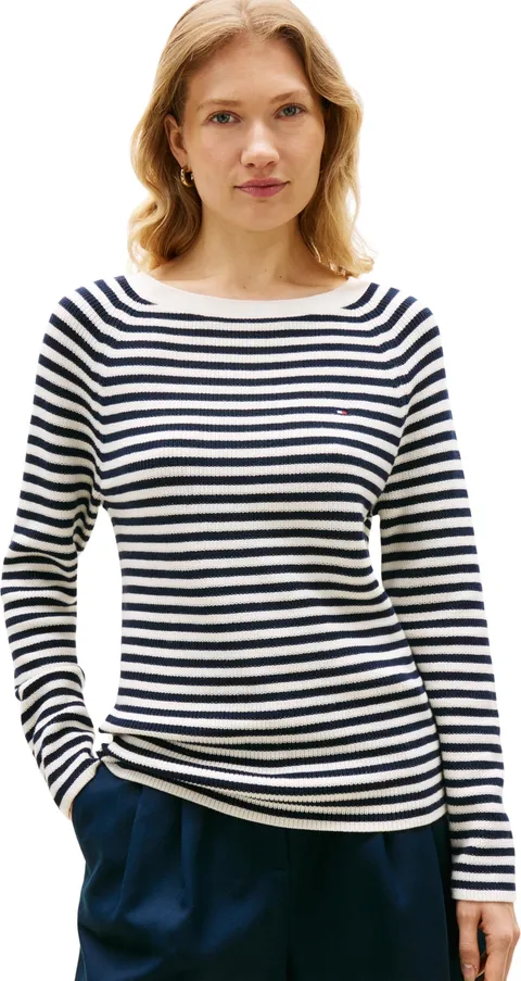 Tommy Hilfiger Donna Pullover Cardi Fine con Scollo a Barca, Multicolore (Ivory