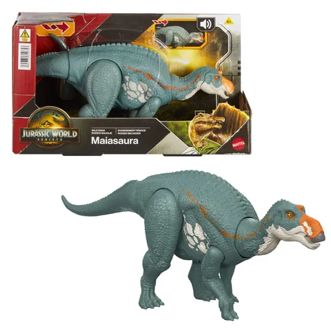 Mattel Jurassic World La Rinascita Maiasaura Ruggito Selvaggio, dinosauro giocattolo con