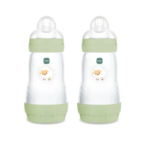 MAM Biberon Easy Start 260 ml (Set da 2), Kit da 2 biberon anticolica per allattamento misto, Riduce le bolle d'aria e il rischio di coliche, Accessori neonati 2+ mesi con tettarella misura 2, Verde