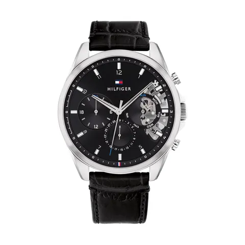 Tommy Hilfiger Orologio Analogico Multifunzione al Quarzo da Uomo con Cinturino in Pelle Nero - 1710449