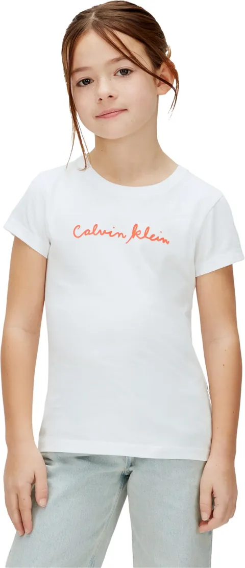 Calvin Klein T-Shirt da Ragazza con Logo Script Slim SS LVCKSJA17G S/S, Bianco (Bianco