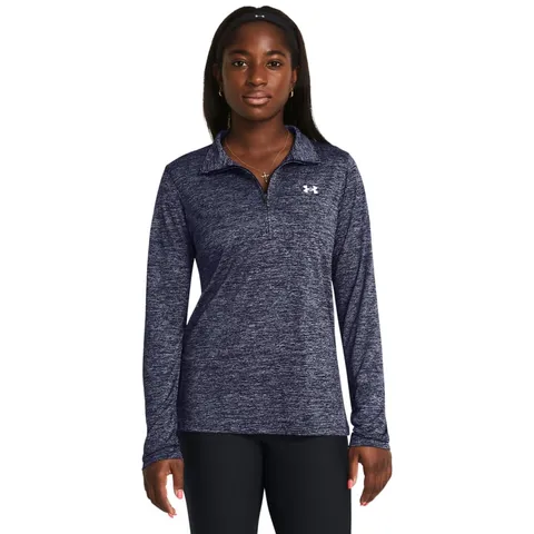 Under Armour Donna Tech Half-Zip Twist, Maglia Manica Lunga da Palestra Morbida e Traspirante, Felpa Sportiva con 1/2 Zip e Tecnologia Anti-Odore,Midnight Navy/White,XL