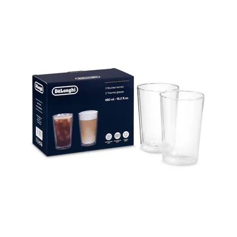 De'Longhi Set Bicchieri Termici di Vetro a Doppia Parete, Vetro Resistente in Borosilicato, Confortevole da Tenere, Senza Condensazione, Lavabile in Lavastoviglie, Capacità 490ml, DLSC319