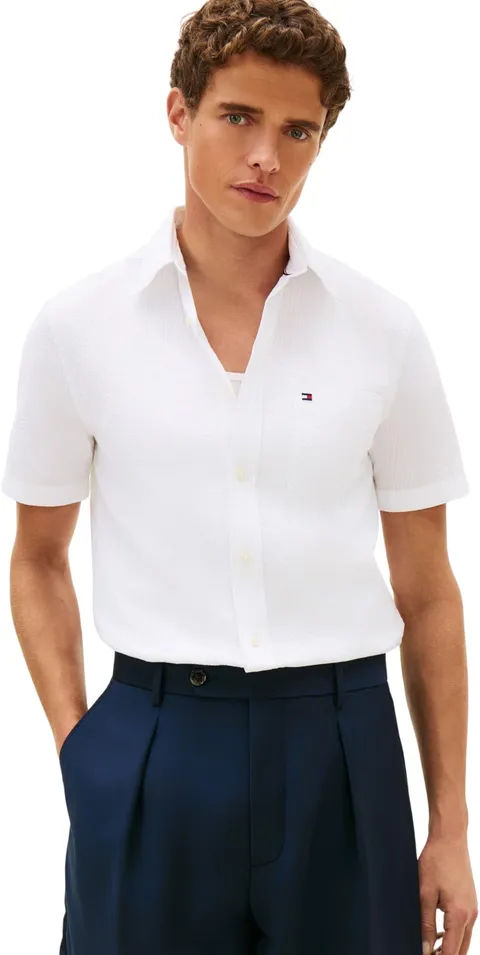 Tommy Hilfiger Uomo Camicia Seersucker Solid Regular Fit, Bianco (White), L