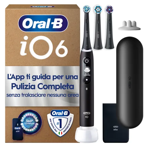 Oral-B iO 6 Spazzolino Elettrico, 3 Testine di Ricambio, Custodia, Nero - 3 Testine di
