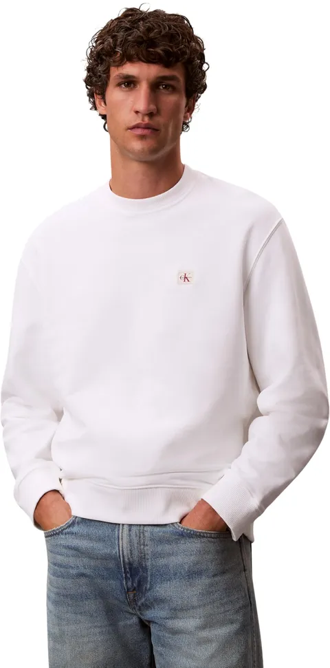 Calvin Klein Uomo Felpa Terry Badge con Scollo Rotondo, Bianco (Bright White), M