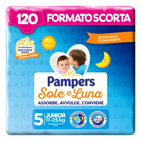Pampers Sole e Luna Pannolini, Bambini Unisex, Junior Taglia 5 (11-25 kg), 120 Pannolini