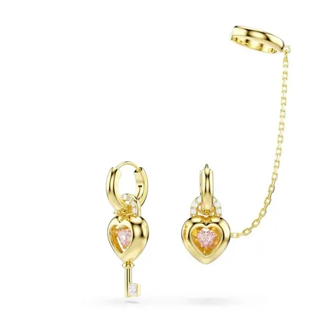 Swarovski Orecchini pendenti con ear cuff Idyllia, Taglio misto, Cuore con chiave, Rosa