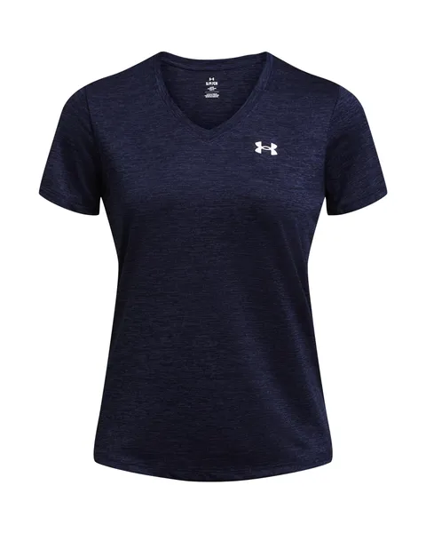 Under Armour Donna Tech Short Sleeve V-Neck Twist, Comoda Maglietta Manica Corta con Scollo a V, T-Shirt Sportiva per Palestra, Allenamento e Abbigliamento Casual,Midnight Navy/White,MD
