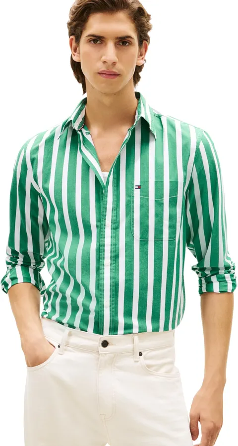 Tommy Hilfiger Camicia da Uomo Flex Poplin Bold Stripe MW0MW41715 L/S, Verde, L, Verde