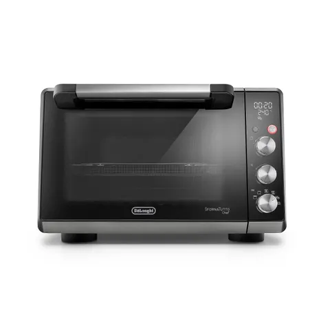 De'Longhi Sfornatutto Chef DO34326, Forno Elettrico Ventilato, 6 Funzioni Cottura, Funzione Friggitrice ad Aria, Display LCD, Timer 120', Leccarda, Griglia e Cestino Inclusi, Capacità 34L, 2000W, Nero