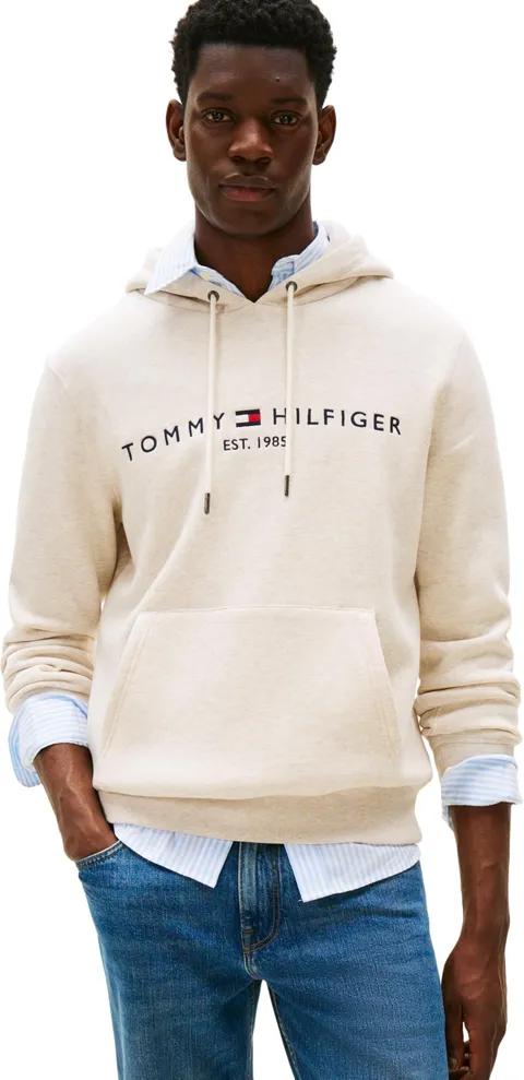 Tommy Hilfiger Uomo Felpa Tommy Logo con Cappuccio, Beige (Heathered Oatmilk), S