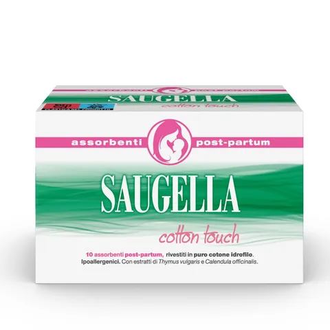 Saugella Cotton Touch Post Parto, 10 Assorbenti Cotone Post Parto, Senza Strato Adesivo