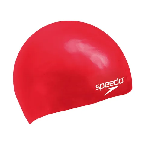 Speedo Junior Plain Moulded Silicone Swimming Cap | Dry Hair | Kids Swim, Red, One Size