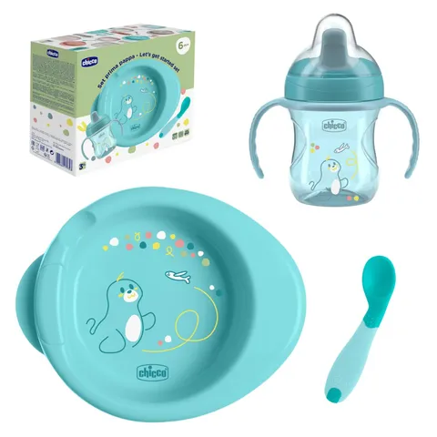 Chicco Set Pappa Completo 6 Mesi+, Tazza Training Cup, Primo Cucchiaio e Piatto Pappa