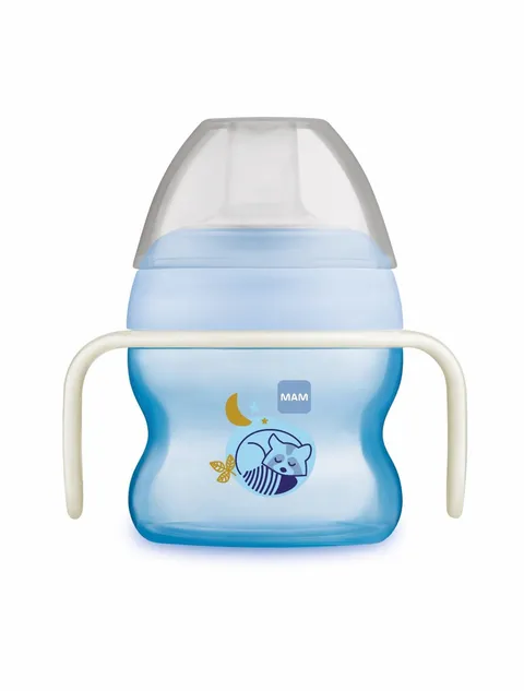 MAM Bicchiere da apprendimento, a partire da 4 mesi, 150 ml, Primo bicchiere del bambino, ugello anti-spargimento, in silicone, facile accettazione, con manici che si illuminano al buio, blu,