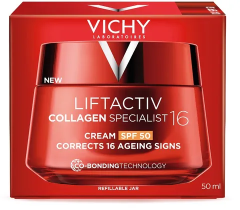 Vichy Liftactiv Collagen Specialist 16, Crema Viso Anti-Età SPF50 Ricaricabile, Rughe