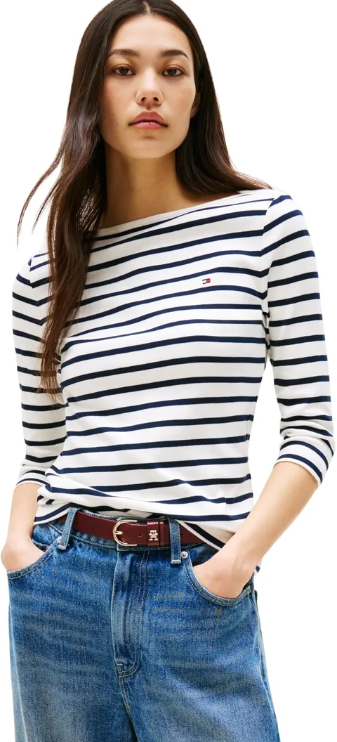 Tommy Hilfiger Donna Maglietta Maniche Lunghe New Cody Slim Scollo a Barca, Multicolore