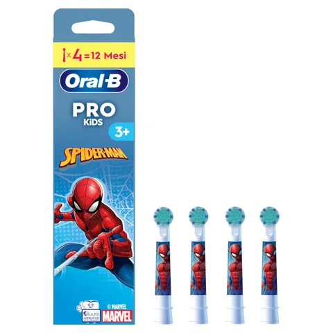 Oral-B Testine di Ricambio Kids 3+, Bianche, Marvel Spiderman, 4 Ricambi