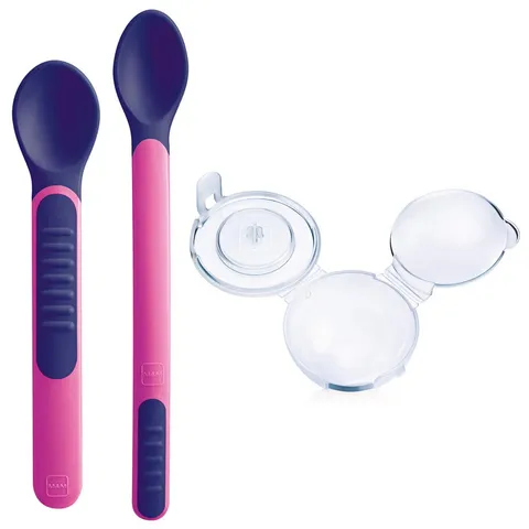 MAM Heat Sensitive Spoons & Cover, Posate Svezzamento, Cambiano Colore con il Calore, con Custodia Portaposate, Rosa