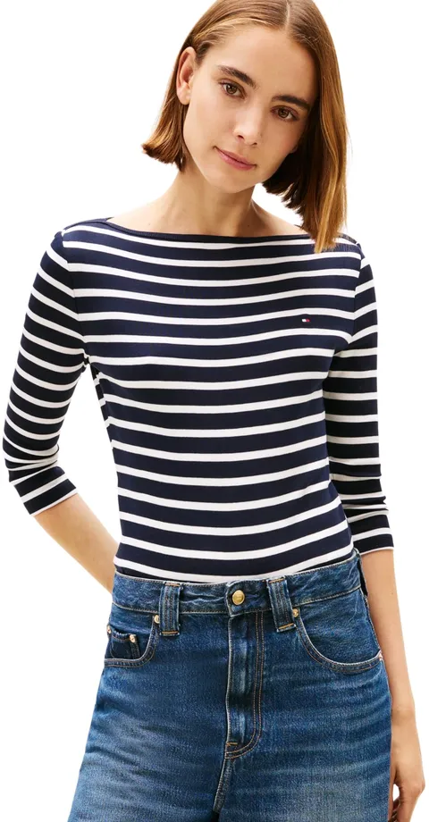 Tommy Hilfiger Donna Maglietta Maniche Lunghe New Cody Slim Scollo a Barca, Multicolore (NOS Breton Desert Sky/Ecru), L