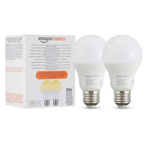 Amazon Basics Lampadina LED intelligente, dimmerabile, attacco E27, bianco caldo, 8W (60W