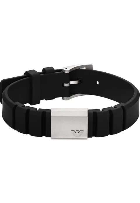 Emporio Armani Bracciale con piastrina da uomo in acciaio e silicone nero, EGS3079040