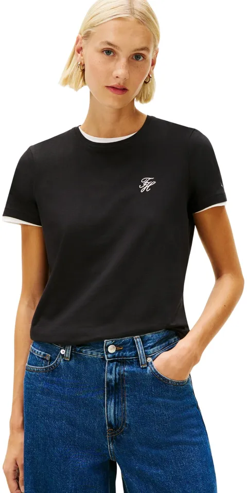 Tommy Hilfiger Maglietta da Donna TH Script Reg C-NK SS Tee WW0WW47809 S/S, Nero (Nero), XS, Nero (Nero), XS