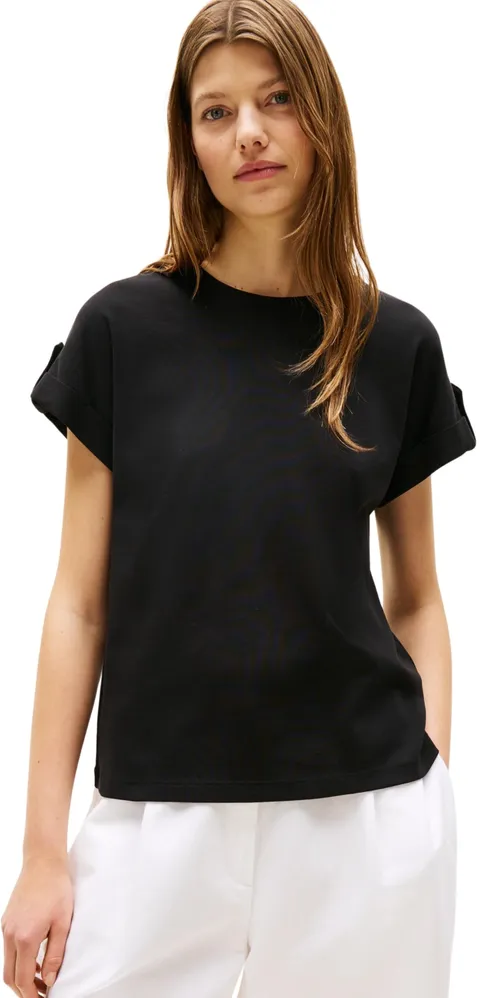 Tommy Hilfiger Donna T-Shirt Maniche Corte Gold Button con Scollo Rotondo, Nero (Black), XS